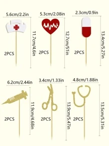 護士帽、聽診器、針筒護士6入組蛋糕裝飾，畢業主題生日派對蛋糕裝飾，6款設計，每款2個，總計12件/包 - 彩色 - 查看 2