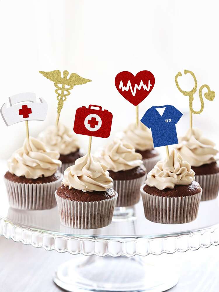 12pcs Hospital Theme Cake Topper, Paper Cake Top Decoration For Party