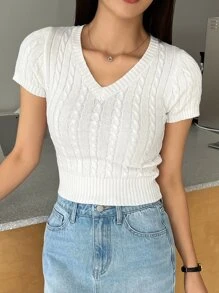 DAZY Solid V Neck Cable Knit Top - White - View 2