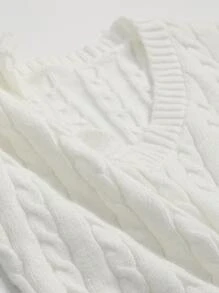 DAZY Solid V Neck Cable Knit Top - White - View 3