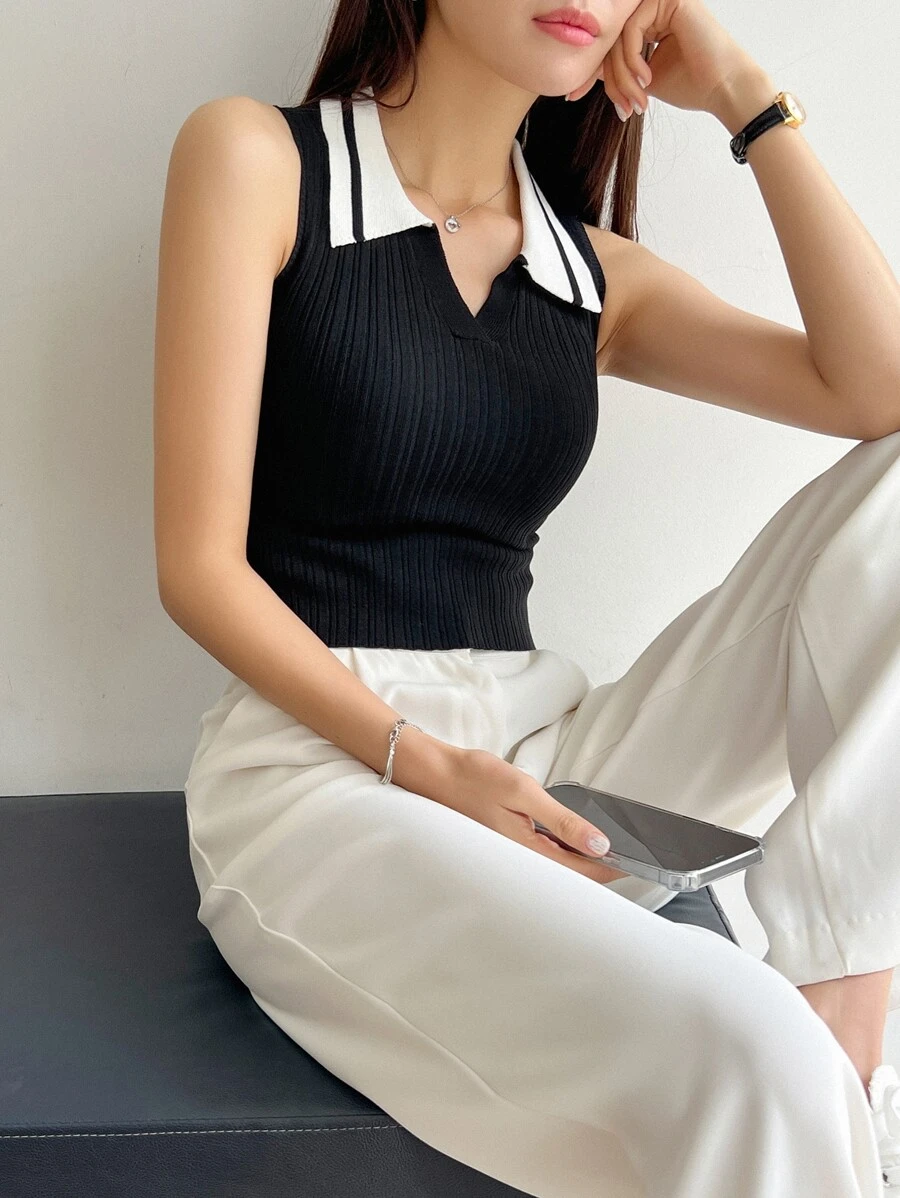 DAZY Contrast Collar Ribbed Knit Top - Black - View 1