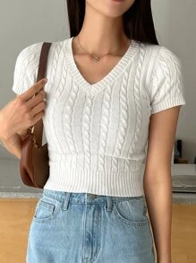 DAZY Solid V Neck Cable Knit Top - White - View 4