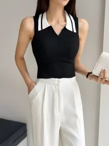 DAZY Contrast Collar Ribbed Knit Top - Black - View 2