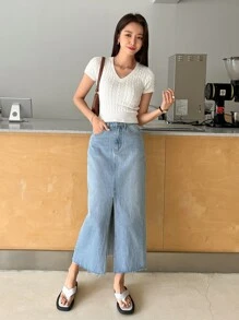 DAZY Solid V Neck Cable Knit Top - White - View 5