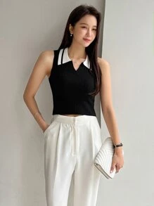 DAZY Contrast Collar Ribbed Knit Top - Black - View 3