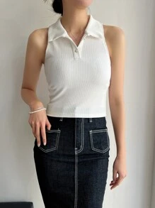 DAZY Top De Tanque De Punto Acanalado De Cuello Alto Y Sólido - Blanco - Ver 4