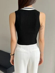 DAZY Contrast Collar Ribbed Knit Top - Black - View 5