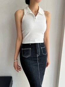 DAZY Top De Tanque De Punto Acanalado De Cuello Alto Y Sólido - Blanco - Ver 5