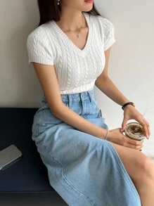 DAZY Solid V Neck Cable Knit Top - White - View 9