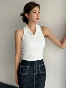 DAZY Top De Tanque De Punto Acanalado De Cuello Alto Y Sólido - Blanco - Ver 6