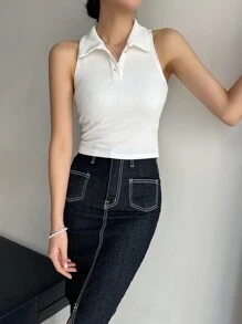 DAZY Top De Tanque De Punto Acanalado De Cuello Alto Y Sólido - Blanco - Ver 7