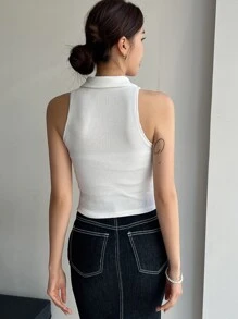 DAZY Top De Tanque De Punto Acanalado De Cuello Alto Y Sólido - Blanco - Ver 8