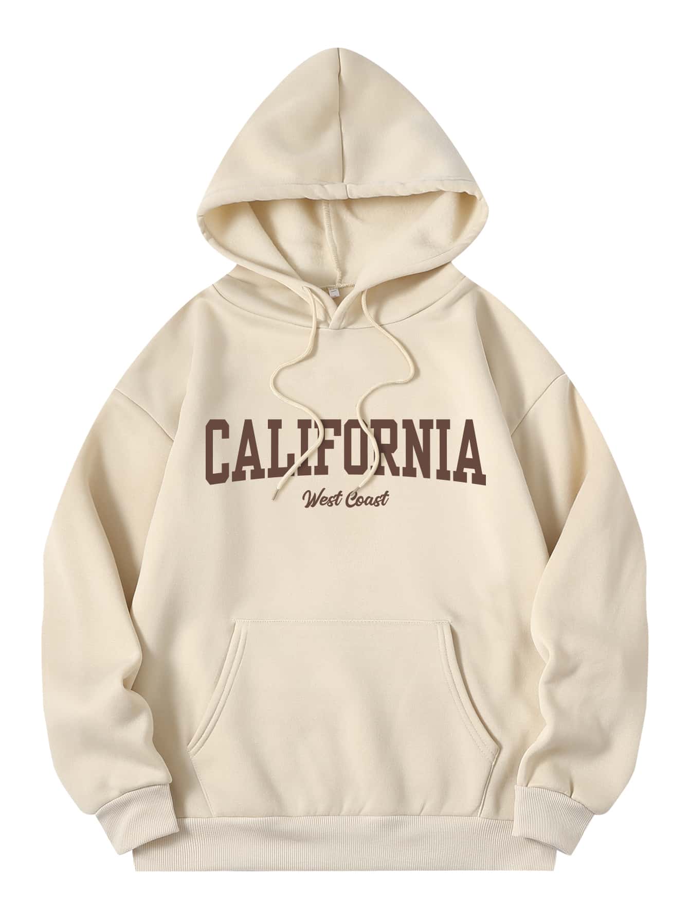 INAWLY Letter Graphic Kangaroo Pocket Drawstring Thermal Hoodie - Apricot - View 1