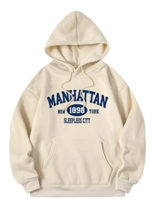 INAWLY Letter Graphic Kangaroo Pocket Drawstring Thermal Lined Hoodie - Apricot - View 1