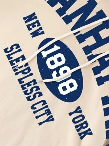 INAWLY Letter Graphic Kangaroo Pocket Drawstring Thermal Lined Hoodie - Apricot - View 3