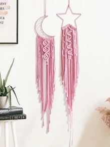 2 chiếc vòng treo tường hình ngôi sao và mặt trăng bằng ren móc thủ công, phong cách Boho, thích hợp trang trí nhà cửa, đám cưới, phòng khách, phòng ngủ, làm quà tặng ngày lễ (Không bao gồm đèn) - Hồng - Xem 8