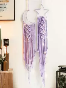 2件套手工钩编蕾丝星月捕梦网壁挂，波西米亚风格家居装饰墙饰，适用于家居、婚礼、客厅、卧室、节日礼物（不含灯饰） - 淡紫色 - 查看 7