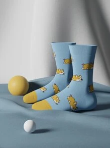 1pair Ladies' Cute Corgi Mid-Calf Socks - Multicolor - View 2