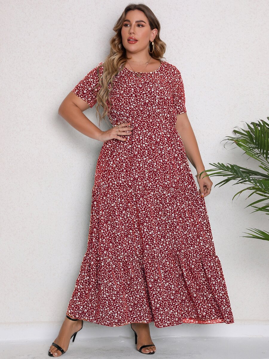 Plus Ditsy Floral Print Ruffle Hem Dress - Red and White - View 1