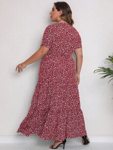 Plus Ditsy Floral Print Ruffle Hem Dress - Red and White - View 2