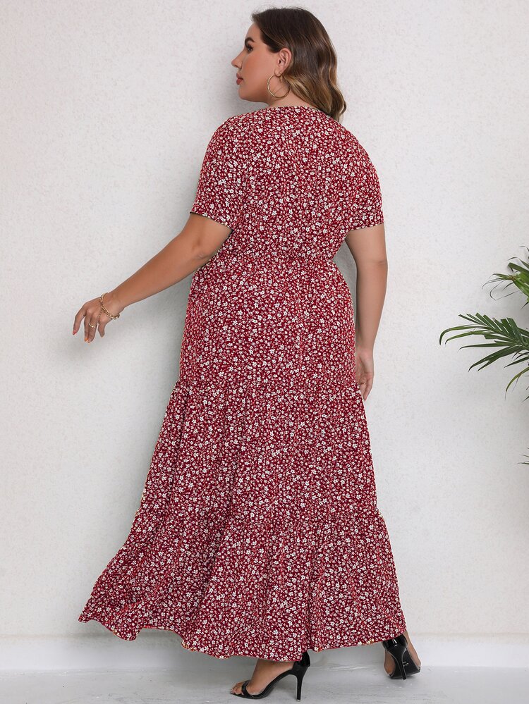 Plus Ditsy Floral Print Ruffle Hem Dress - Red and White - View 2
