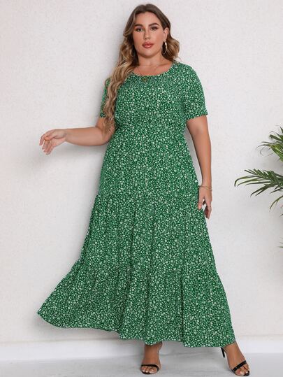 大碼碎花多層下擺連衣裙