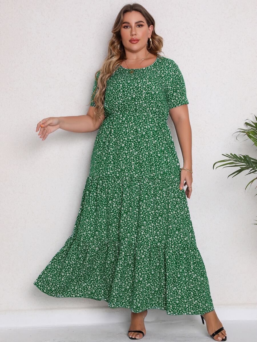 Vestido con estampado floral bajo a capas - Verde - Ver 1