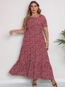 Plus Ditsy Floral Print Ruffle Hem Dress - Red and White - View 3
