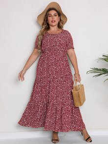 Plus Ditsy Floral Print Ruffle Hem Dress - Red and White - View 4