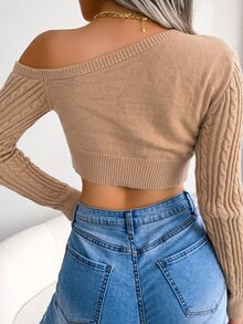 Cable Knit Asymmetrical Neck Crop Jumper - Khaki - View 2