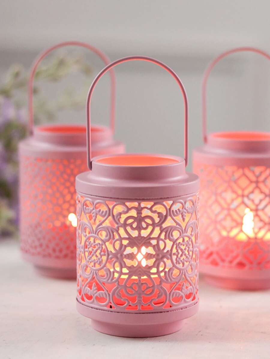 1pc Hollow Out Candle Holder, Iron Candle Stand For Home Decor - Pink - View 1