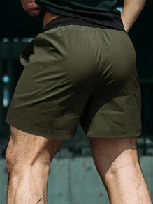 Manfinity Homme 宽松男士字母图案抽绳腰慢跑短裤纯色绿色 - 軍綠色 - 查看 2