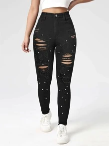 Pearls Beaded Ripped Skinny Jeans - Black - View 1