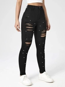 Pearls Beaded Ripped Skinny Jeans - Black - View 3