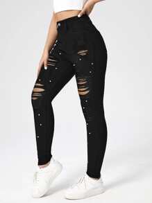 Pearls Beaded Ripped Skinny Jeans - Black - View 5