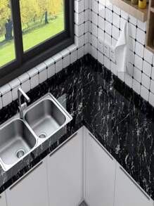 1pc Marble Pattern Kitchen Sticker, Self Adhesive Wallpaper For Kitchen - Black - View 2