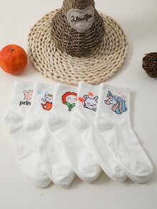 5pairs Women Cartoon Floral & Rabbit Print Fashionable Crew Socks, For Daily Life - Multicolor - View 1