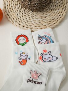 5pairs Women Cartoon Floral & Rabbit Print Fashionable Crew Socks, For Daily Life - Multicolor - View 3