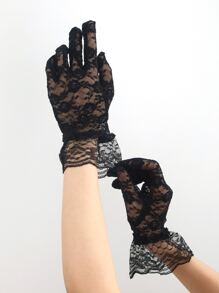 1對女式花卉圖案蕾絲優雅手套適合派對 - 黑色 - 查看 2