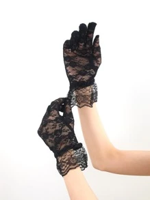 1對女式花卉圖案蕾絲優雅手套適合派對 - 黑色 - 查看 3