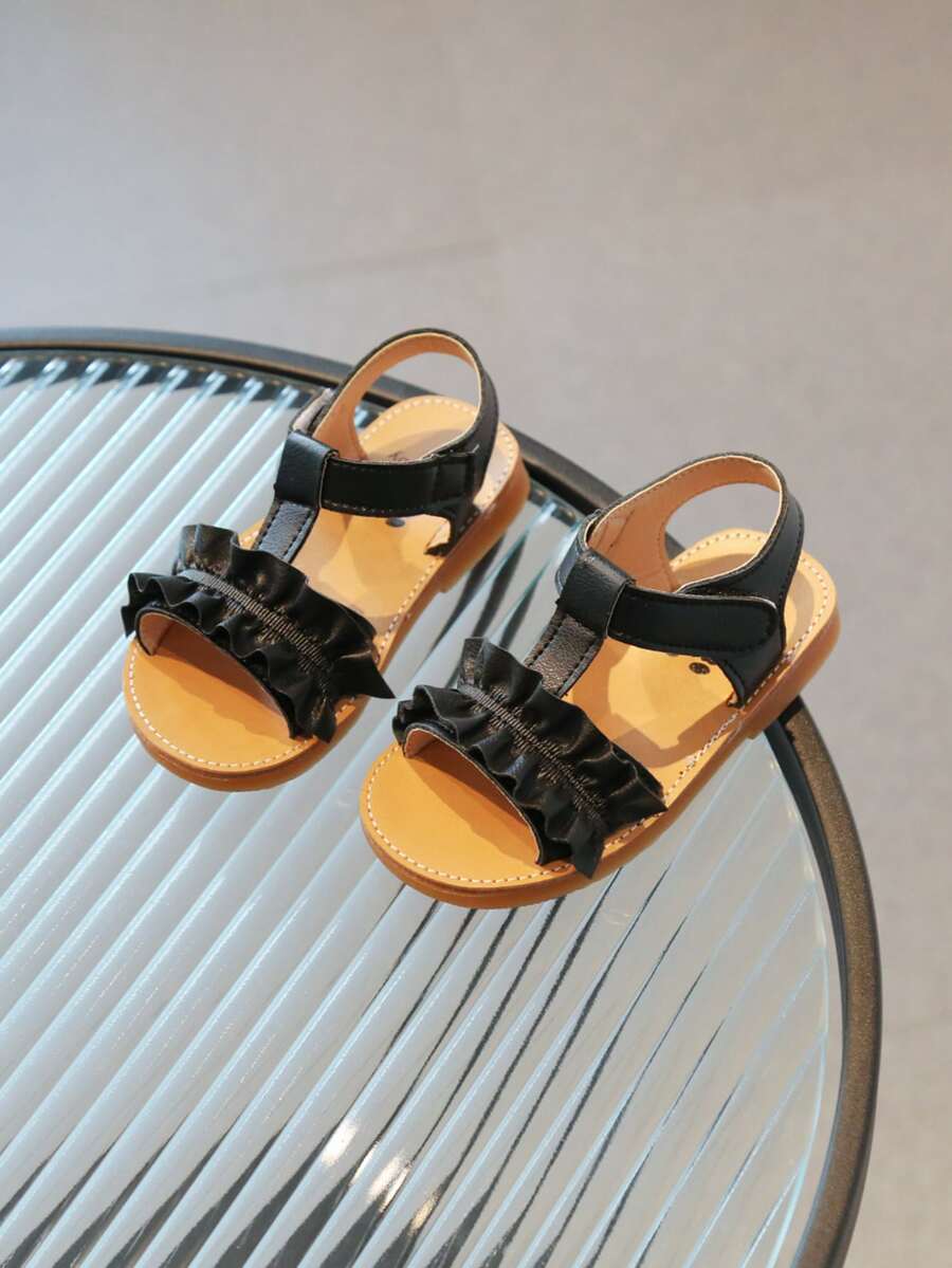 女童荷叶边踝带凉鞋 - 黑色 - 查看 1