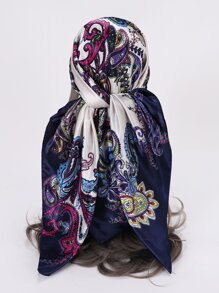 1pc Women's Printed Scarf, Beach Headscarf, Bikini Wrap, Sun Protection Silk Scarf - Navy Blue - View 1