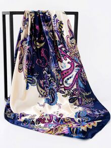 1pc Women's Printed Scarf, Beach Headscarf, Bikini Wrap, Sun Protection Silk Scarf - Navy Blue - View 2