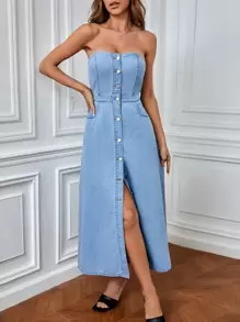 SHEIN Privé 前紐扣抹胸牛仔洋裝 - 淺色水洗藍 - 查看 1