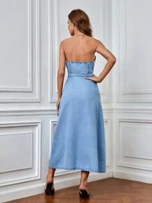 SHEIN Privé 前紐扣抹胸牛仔洋裝 - 淺色水洗藍 - 查看 2