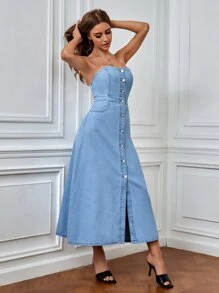 SHEIN Privé 前紐扣抹胸牛仔洋裝 - 淺色水洗藍 - 查看 5