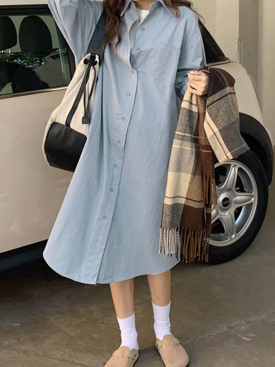 Solid Drop Shoulder Shirt Dress - Dusty Blue - View 1