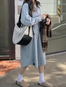 Solid Drop Shoulder Shirt Dress - Dusty Blue - View 3