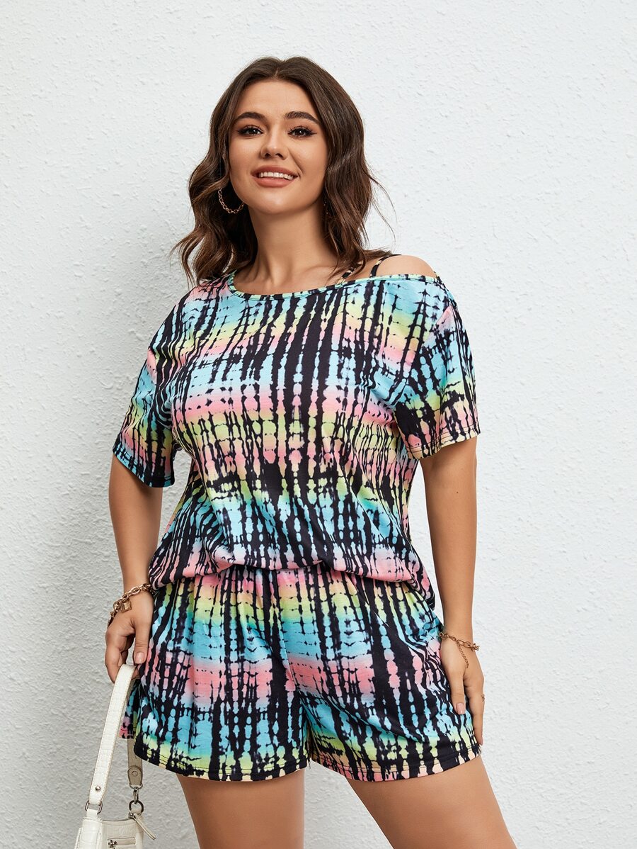 SHEIN LUNE Plus Tie Dye Asymmetrical Neck Tee & Shorts - Multicolor - View 1