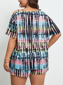 SHEIN LUNE Plus Tie Dye Asymmetrical Neck Tee & Shorts - Multicolor - View 2